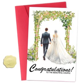 ZyvSyldrin Wedding Card for Bride and Groom, Bridal Shower Card for Couple, Newly Weds, with Envelope and Gold Rose Seal, 5.5" x 8.5", To The Beautiful Couple