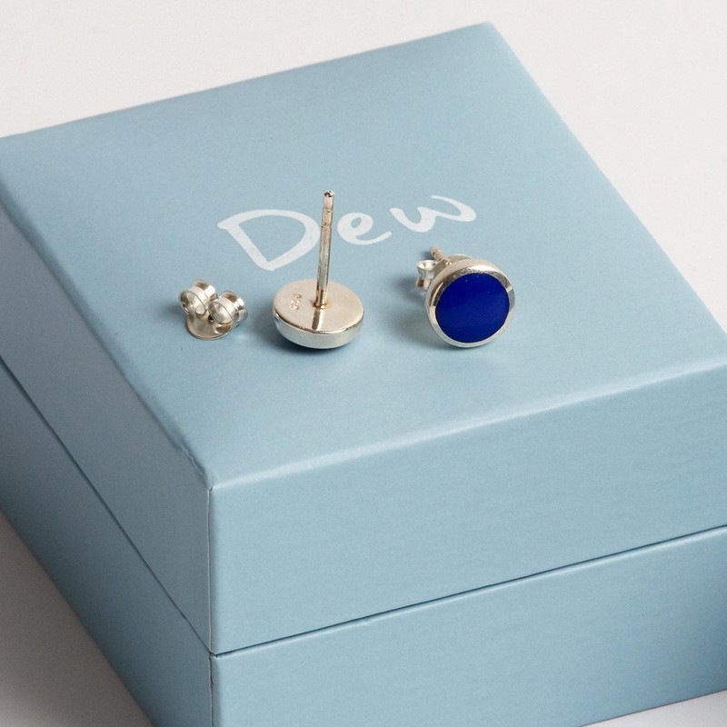 Dew Sterling Silver and Synthetic Lapis Round Stud Earrings