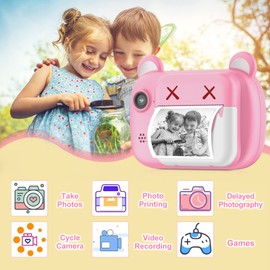 Instant Print Camera for Kids - Selfie Kids Camera for Girls, 1080P Video Digital Kids Camera with Cartoon Pattern Design - Toys Gifts for 3-12 Years Old Girls Boys Children (Pink)