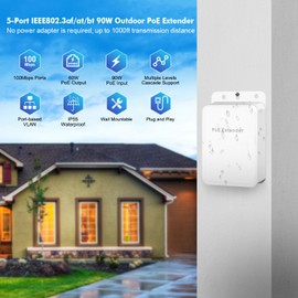 MokerLink Outdoor 5 Port Gigabit PoE Switch/Extender, IEEE 802.3 af/at/bt PoE Repeater 90W, 10/100/1000Mbps, 1 PoE in 4 PoE Out, Wall Mount Waterproof POE Passthrough Switch