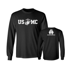 Lucky Ride Marine Corps Bull Dog Front and Back USMC Men's T-Shirt Longsleeve, Black, L