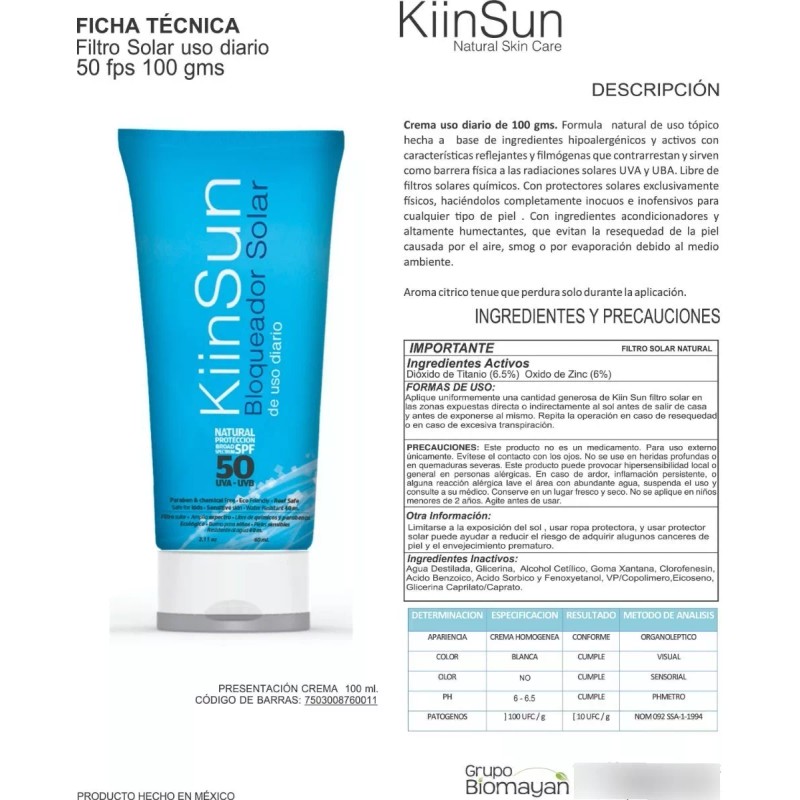 Kiinsun Bloqueador Solar Uso Diario 50 Fps 100 Ml, Natural