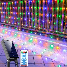 21ft x 5ft Solar Net Lights Outdoor, Solar & USB 2 Power Way 360 LED Waterproof Mesh Lights for Bushes, Remote Control 8 Modes String Light Trees Patio Garden Christmas Indoor Decor (Multicolor)