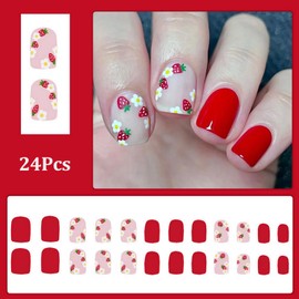 24 Pcs Red Square Press on Nails Short Fake Nails with Glue Spring False Nails with Strawberry Pattern Design Reusable Acrylic Nails Press ons Full Cover Artificial Nails Glue-Less Nails for Women