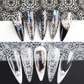 Flower Nail Art Stickers Lace Nail Foil Transfer Decal Whiet Black Gold Sliver Lace Floral Nail Art Foil Transfer Design Nail Art Decoration Supplies for Women Girls Manicure Decor (Style 1)