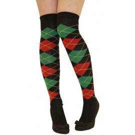 Argyle Over The Knee Socks Ladies Thigh High Diamond Check Pattern Golf Socks 4-6 (Black Red & Green Argyle)