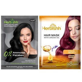 Herbishh Travel Pack – Shampoo Colorante 3 en 1 en Sobres + Mascarilla Capilar de Argán | Negro Natural | Cubre Canas 100% en 10 Minutos | Nutre, Suav