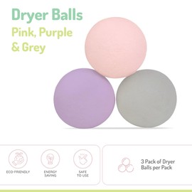 melii Reusable New Zealand Wool Dryer Balls 3-Pack - Reduces Drying Time, Static & Wrinkles - Pink, Purple, Grey