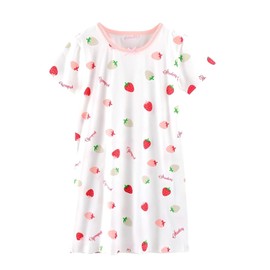 ABClothing Childrens Nightwear Strawberry Design Short Sleeve Nightdress 100-160cm Soft Lounge Dress for Sleepovers