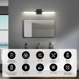 Battery Operated Wall Sconces Set of 2, 5000mAh Rechargeable Wall Lights with Remote, 3-Color with Dimming Brightness , 360° Adjustable, Detachable Battery, 27.6 Inch Black Wireless LED Wall Lamps