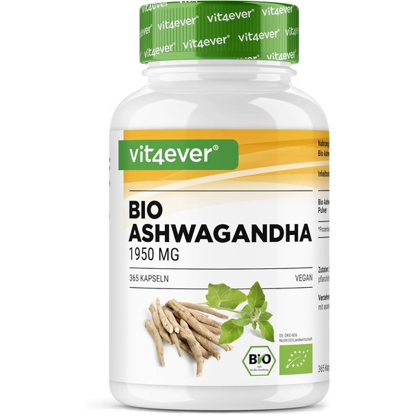 Organic Ashwagandha - 365 Capsules - High Dose with 1950