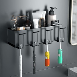 Toothbrush and Toothpaste Holder,Shower Toothbrush Holder,Aluminum Self-Adhesive Toothbrush Organizer,Kids Toothbrush Holder,Shower Razor Holder for Wall(Gray)