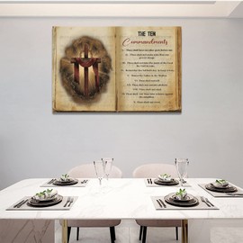 The Ten Commandments Cross Decor Wall Art 10 Commandments Bible Verse Christian Religion Scripture Pictures Wall Decor Canvas Painting Prints Artwork Framed for Church Bedroom Bathroom Kitchen 24"x16"