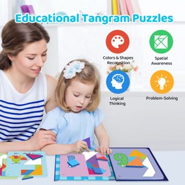 Panda Juniors Tangram Puzzle, Magnetic Geometric Shape Travel Road Trip Games, Pattern Blocks Educational Toys for Kids Age 3-8, Kindergarten Classic STEM Puzzle with 24 Pcs Cards (Number & Alphabet)