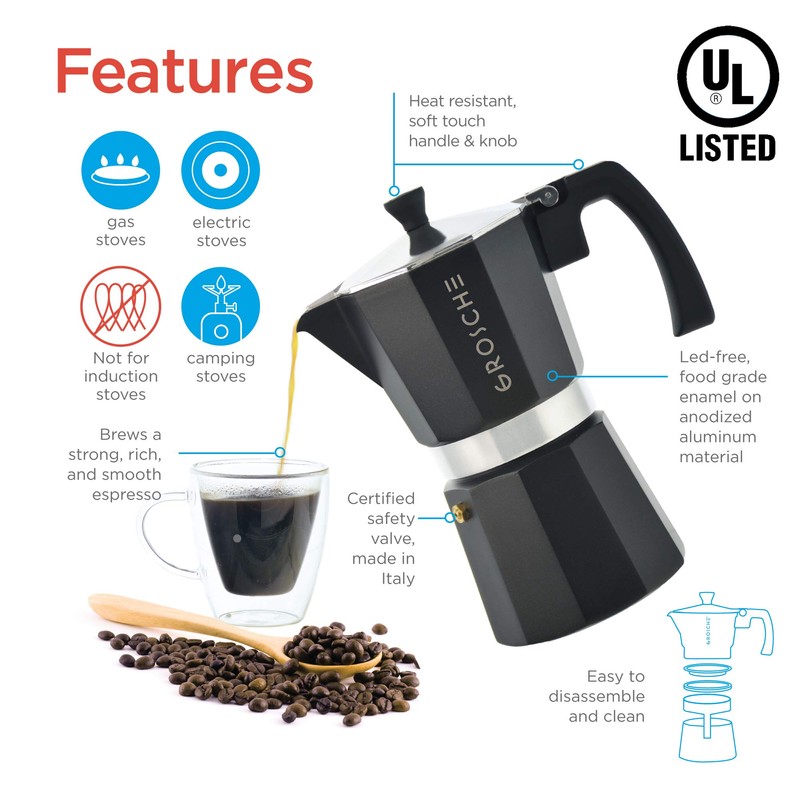 GROSCHE Milano Stovetop Espresso Maker Moka Pot 3 espresso Cup