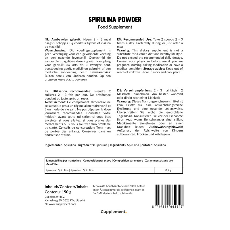 Cupplement - Spirulina 150 g - Organic - Free Scoop