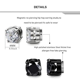 2 Pairs Stainless Steel Fake Earrings Round Square Cubic Zirconiac Non-piercing Stud Earrings Set for Women Men 6mm 8mm (Silver+Black) (8mm)