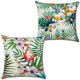 KAKABUQU Tropical Leaves Bird Pillow Covers 18x18 Set of 2 Linen Outdoor Decorations Green Leaf Flowers Flamingo Bird Throw Pillowcases Cushion Cover for Sofa Bed Farmhouse Car Couch Party Favor