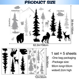 Cartoon Large Forest Pine Tree and Animals Wall Decor Deer Bear Squirrels Bird Silhouette Sticker DIY Peel and Stick Cloud Mountain Wall Decal for Kids Baby Boys Bedroom Living Room Nursery (Black)