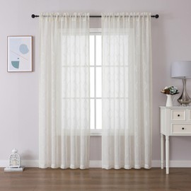 MISS SELECTEX Ivory Sheer Curtains 84 Inches Long 2 Panels Geometric Moroccan Metallic Silver Sparkling Decorative Linen Look Rod Pocket Semi Sheer Window Treatments Drapes for Living Room Bedroom