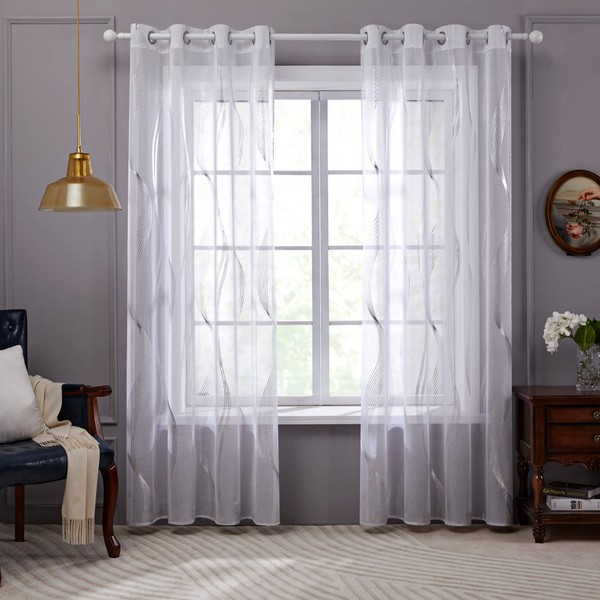 Deconovo Stores Curtains with Eyelets Sheer, Eyelet Curtain Wavy Line, 229 x 140 cm (Height x Width), White, Set of 2