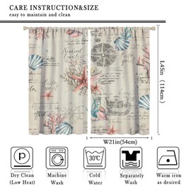 INSFBRB Vintage Nautical Coastal Rod Pocket Blackout Curtains,Thermal Insulated Room Darkening Watercolor Beach Nautical Theme Starfish Seashell Coral Bedroom Curtains,2 Panels 45L x 21W