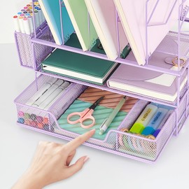 Youbetia Desk organizer with Pencil Holder and Drawer, Desk Organizers and Accessories, File Organizer Office Supplies Organization, Double Tray and 5 Upright Sections (purple)