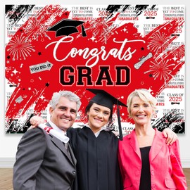 Mocsicka Graduation Backdrop Congrats Grad Red and Sliver Graduate Party Decorations Background Class of 2023 Photography Backdrops (Red, 7x5ft)