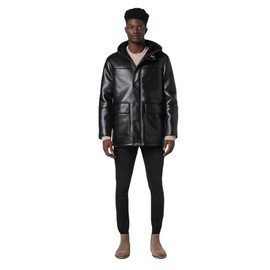 Andrew Marc Men's Faux Leather Sherling Jacket, Hooded Black