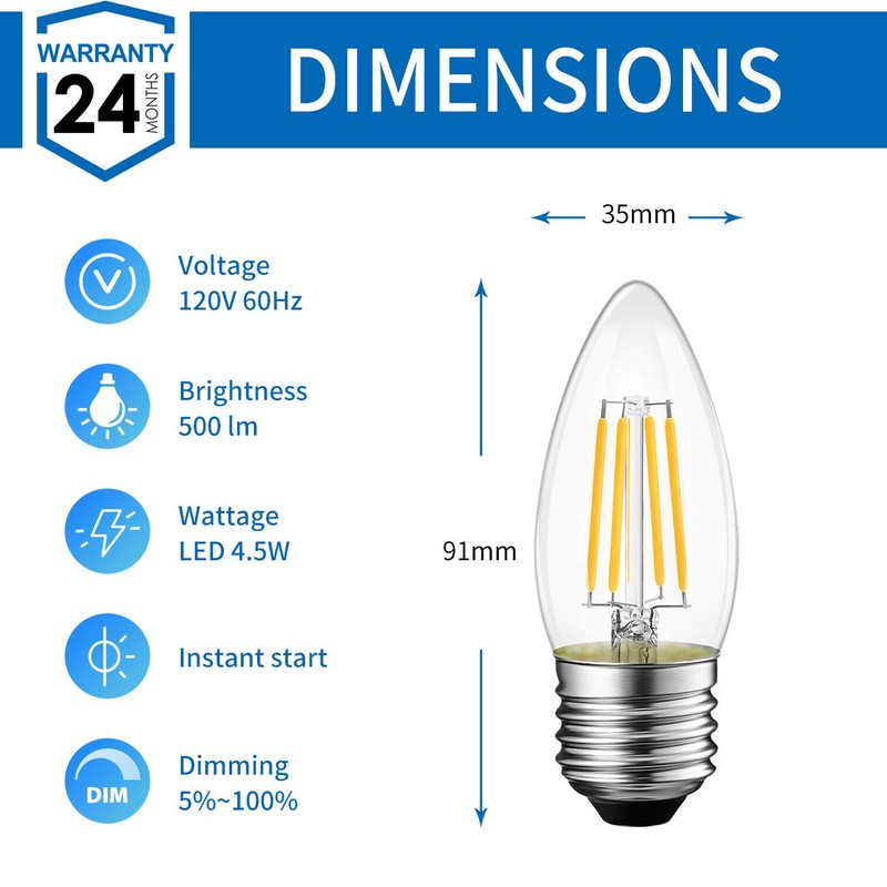 ANWIO B11 LED Filament Bulb E26 Candelabra Base 4.5W(60W Equivalent),