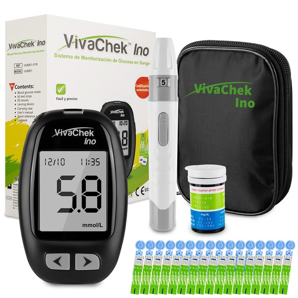 Blood Glucose Monitor Meter, Diabetes Test Kit [2022 Upgrade VivaChek Ino] MicroUSB Data Transmission, 900 Memories, 5 Test Reminders, Hypo and Ketone Warning with 50 Test Strips and 50 Lancets