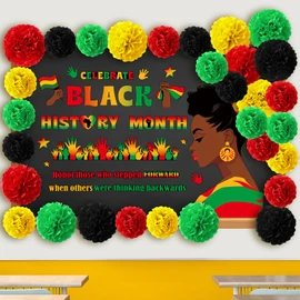 Outus 77 Pcs Black History Party Decoration February Festival Month Bulletin Board Decoration African American Paper Cuts Black Red Yellow Tissue Flower for February Festival Classroom Party Supplies