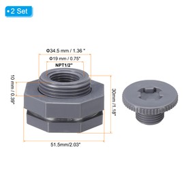 PATIKIL PVC Bulkhead Fitting with Plug NPT1/2", 2 Pack Bulkhead Water Tank Connector with Silicone Seal Gasket Garden Hose Fitting with Plug for Rain Bucket, Sinks, Aquariums, Gray
