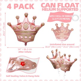 39'' Rose Gold Crown Balloons Royal Prince Birthday Supplies Party Queen Party Decoration, 4 Pack Giant Pink Crown Balloons Cap Foil Balloons Birthday Wedding Christmas Bridal Shower Supplies
