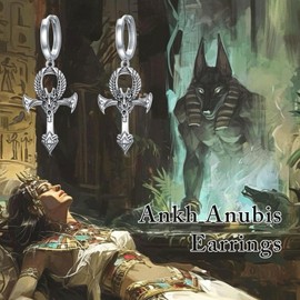SIMONLY Ankh Dangle Earrings 925 Sterling Silver Anubis Hinged Hoops Hypoallergenic Egyptian Jewelry Christmas Birthday Gifts for Women Men Unisex