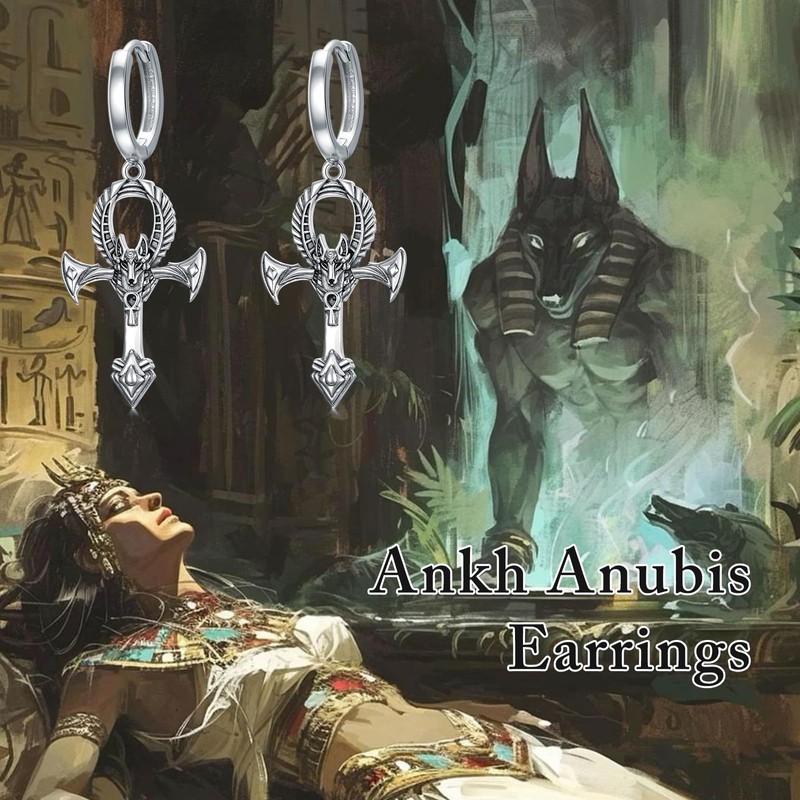 SIMONLY Ankh Dangle Earrings 925 Sterling Silver Anubis Hinged Hoops