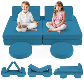 INFANS Modular Kids Play Couch, 6 PCS Toddler Creative Sectional Fort Building Sofa for Playroom, Bedroom, Children Convertible Soft Foam Furniture Playset and Floor Cushion for Boys and Girls (Blue)