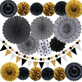 Party Decorations, Black and Gold Hanging Paper Fans, Pom Poms Flowers, Pennant, Garland String, Banner for Birthday Parties Wedding Décor, Table & Wall Decorations
