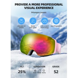 Ski Goggles, Interchangeable Magnetic Lens Snow Goggles, OTG Anti Fog Snowboarding Goggles for Women Men Adult Youth SGS Approved - Pink 25%