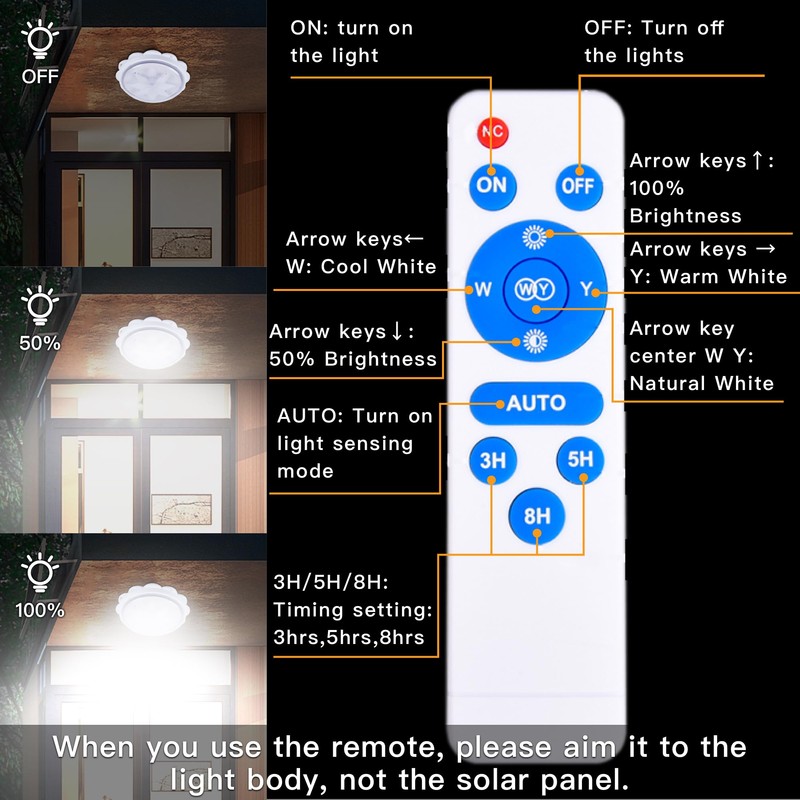 MEIHONG Solar Ceiling Light, Porch Ceiling Light with Remote, Dimmable