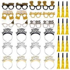 36 Pcs New Years Eve Party Supplies 2025 - New Years Decorations Set, Silver Gold Black Happy New Year Headband Tiara Glasses Noise Makers Bulk for Adults Kids New Year's Gifts Party Favors Decor
