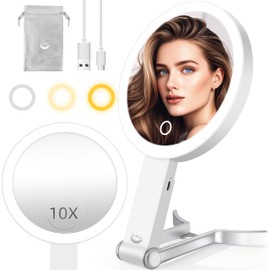 vpu Travel Makeup Mirror with Lights, 10X /1X Double Sided Rechargeable Magnifying Vanity Mirror, Portable Compact Led Lighted Cosmetic Mirror with 3 Color Lighting Dimmable Touch Screen Desk Hand