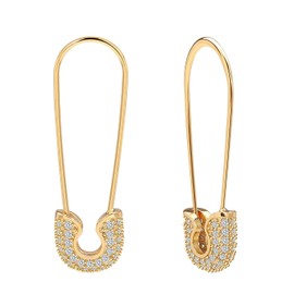 Gold-Plated Safety Pin Earrings for Women Gold-Plated Cubic Zirconia Safety Pin Hoop Earrings