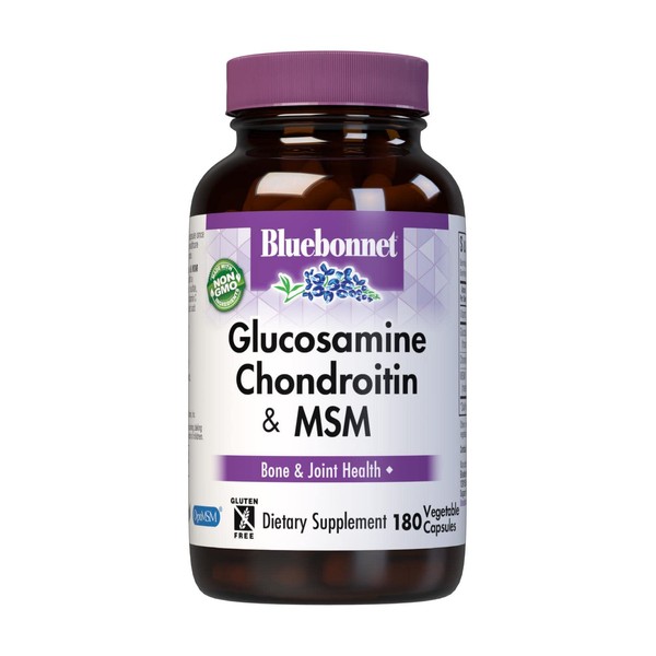 Bluebonnet Nutrition Glucosamine Chondroitin Plus MSM, Glucosamine, Chondroitin Sulfate, Vitamin C & OptiMSM, Bone & Joint Health, Non GMO, Gluten Free, Soy Free, Milk Free, 180 Vegetable Capsules