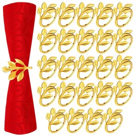 QKEPCY 24pcs Napkin Rings Metal Leaf Napkin Holder Set for Cloth Napkins Elegant Napkin Buckle for Table Decoration Valentine Day Thanksgiving Christmas Anniversary Dinners (Gold)
