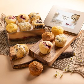 Dulcet Gift Baskets Muffins Assortment Thinking of You Tin, Fresh and Delicious Cranberry, Corn, Blueberry and Banana Flavors, Ideal for Desserts, Breakfasts For Men and Women With Prime Delivery
