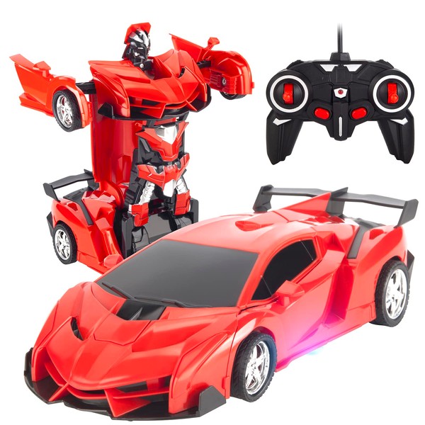 RAVSOOL Remote Control Car, Transform Rc Robot Rechargeable 360°Rotating Stunt 1:18 Deformation Racing Car Toy with Cool Sound & Light, One Button Deformation into Robot, Gift for Kids Children - Red