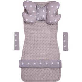 Medi Partners Universal Seat Cover for Pushchairs and Buggies, Seat Insert, Pushchair Seat Cover, Pushchair Set, Belt Pad plus Play Arch, MINKY Cotton, 5 Pieces, Stars with Grey Minky