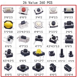 TWTADE 260pcs Micro Momentary Tact Switch Tactile Push Button Switch 26 Values 4 pin/3 pin/2 pin Assortment Kit QC-26V