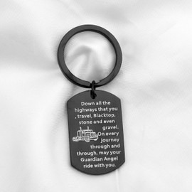 FUSTMW Truck Driver Gifts Keychain May Your Guardian Angel Ride with You Drive Safe Key Chain Long Distance Relationship Gift for Trucker Wife Couple Gifts for Him (trucker down Black)